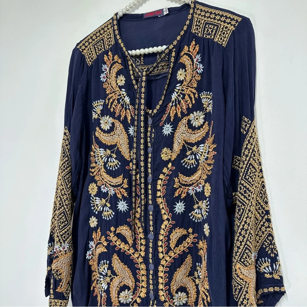 Johnny Was Minerva Blue Gravel Embroidered Blouse in Navy Blue and Gold